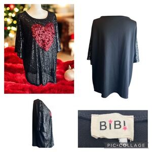 BiB! Festive Black Sequin Heart Blouse Top Women's Casual Glitter Sparkle 2XL